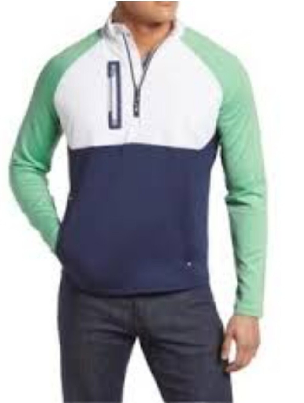 Peter Millar Men's Colorblock Quarter-Zip Sweater — White, Navy & Mint